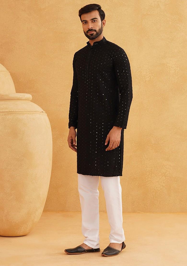 Black Embroidered Cotton Kurta Set For Men