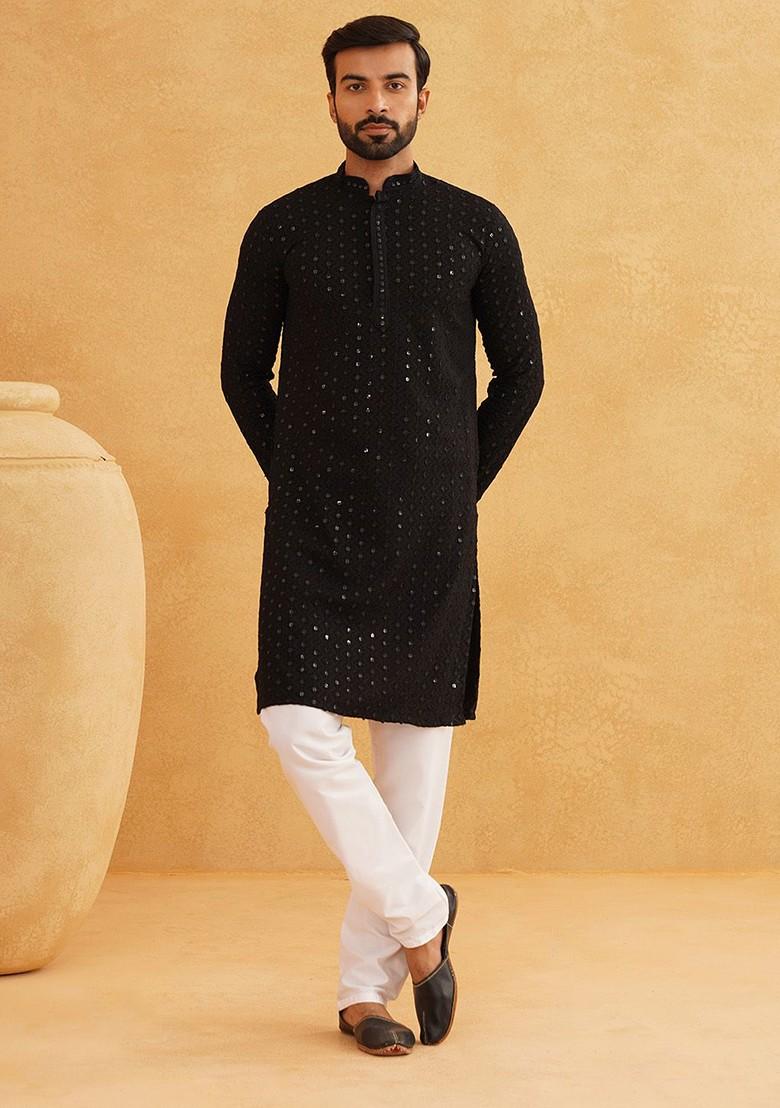 Black Embroidered Cotton Kurta Set For Men