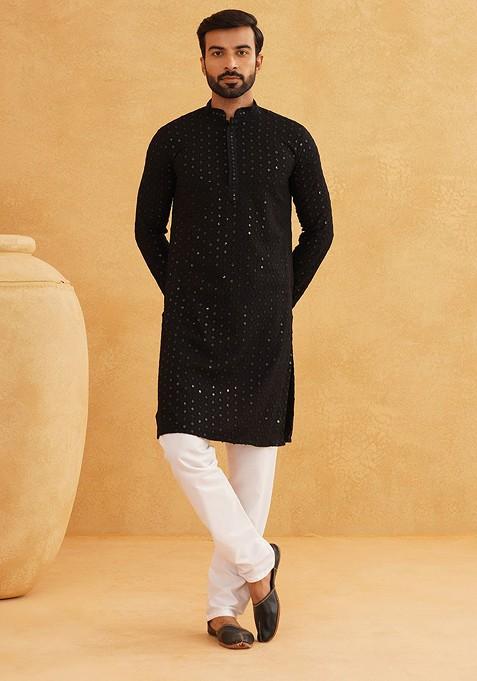 Black Embroidered Cotton Kurta Set For Men