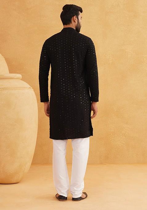 Black Embroidered Cotton Kurta Set For Men
