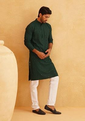 Green Embroidered Cotton Kurta Set For Men