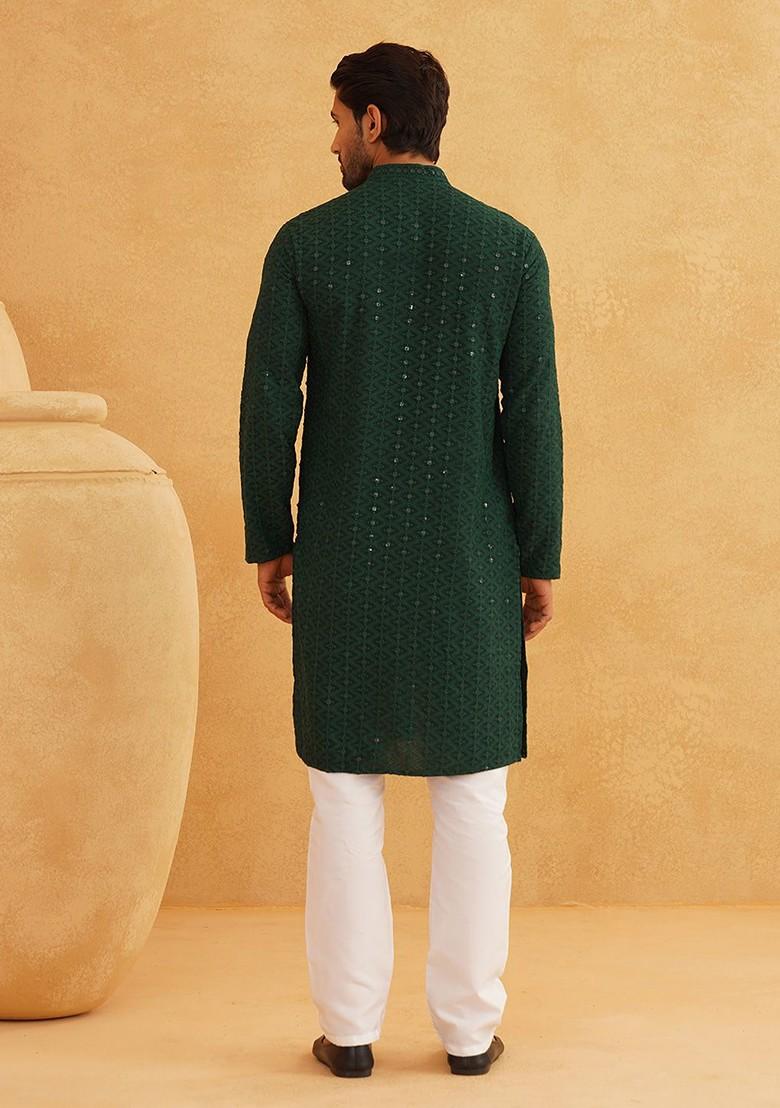 Green Embroidered Cotton Kurta Set For Men