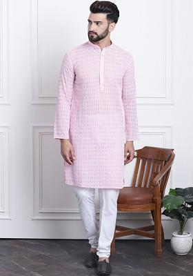 Pink Thread Work Cotton Kurta Set For Men