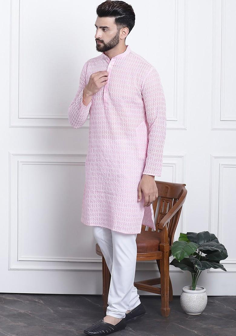 Pink Thread Work Cotton Kurta Set For Men