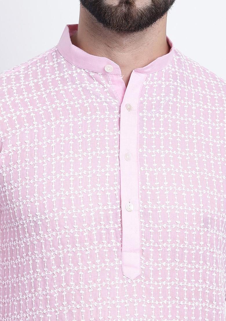 Pink Thread Work Cotton Kurta Set For Men
