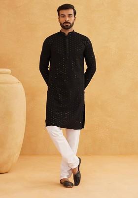 Black Embroidered Cotton Kurta Set For Men