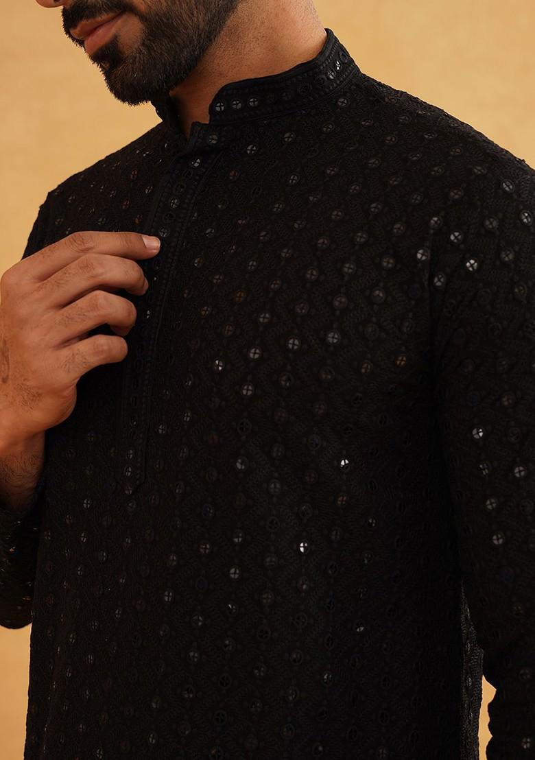 Black Embroidered Cotton Kurta Set For Men