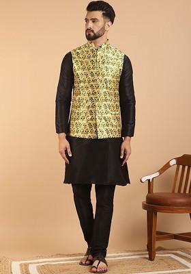 Black Printed Poly Blend Kurta Set For Men