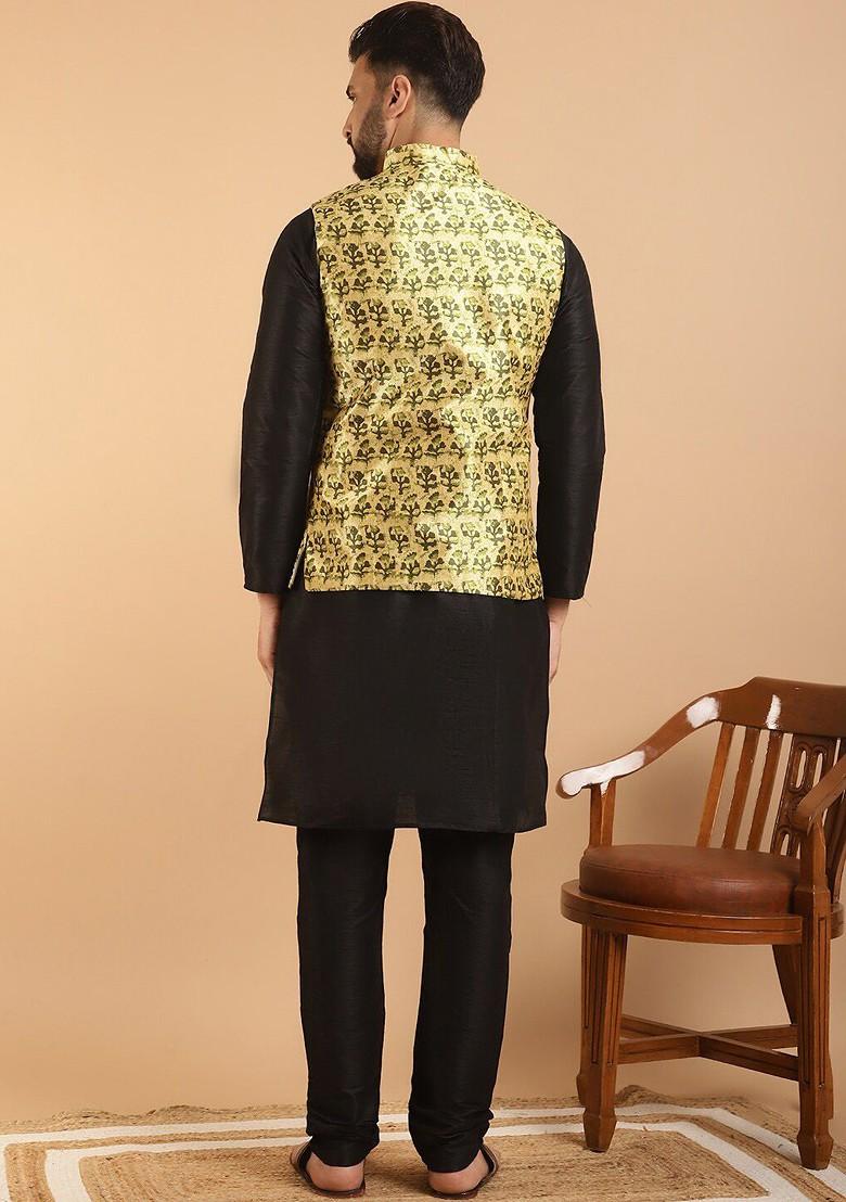 Black Printed Poly Blend Kurta Set For Men