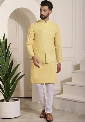 Yellow Solid Cotton Kurta Set For Men