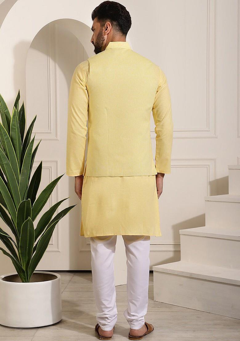 Yellow Solid Cotton Kurta Set For Men