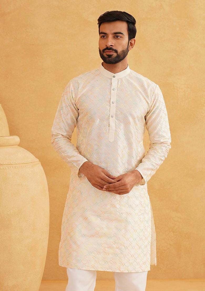 Cream Thread Work Poly Blend Kurta Set For Men