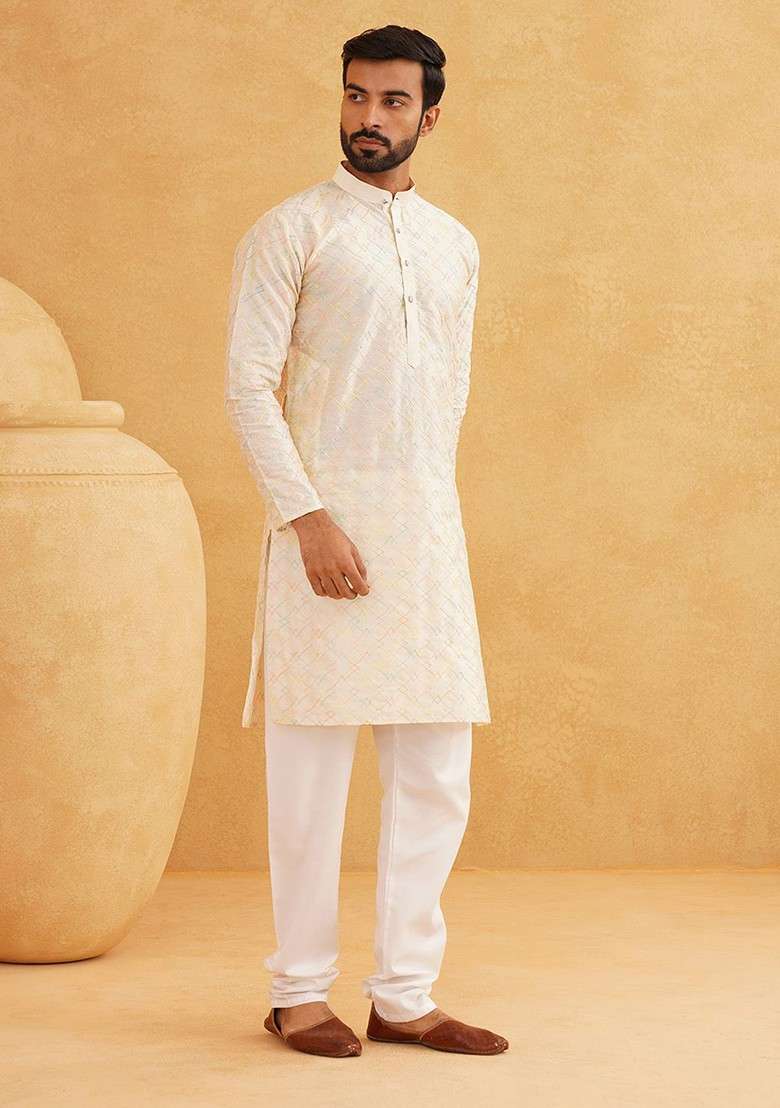 Cream Thread Work Poly Blend Kurta Set For Men - Indya
