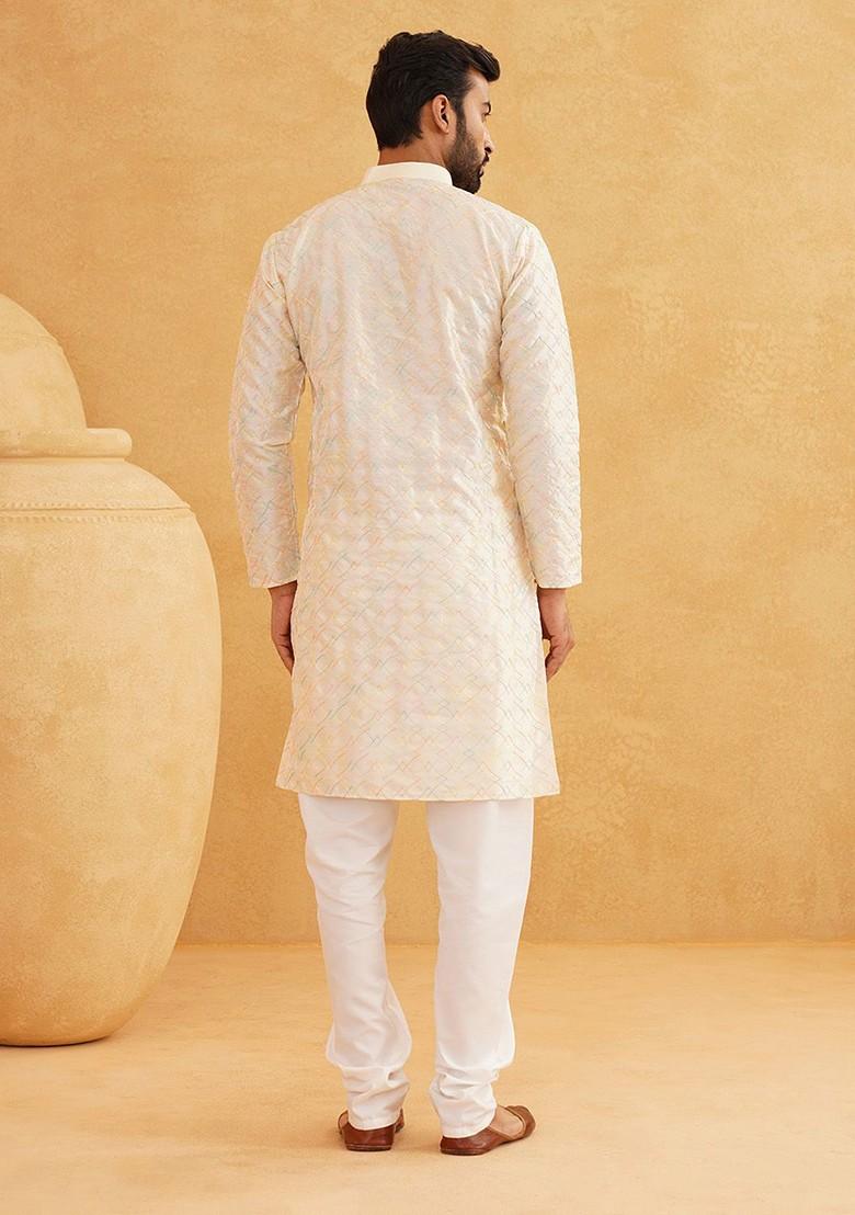 Cream Thread Work Poly Blend Kurta Set For Men