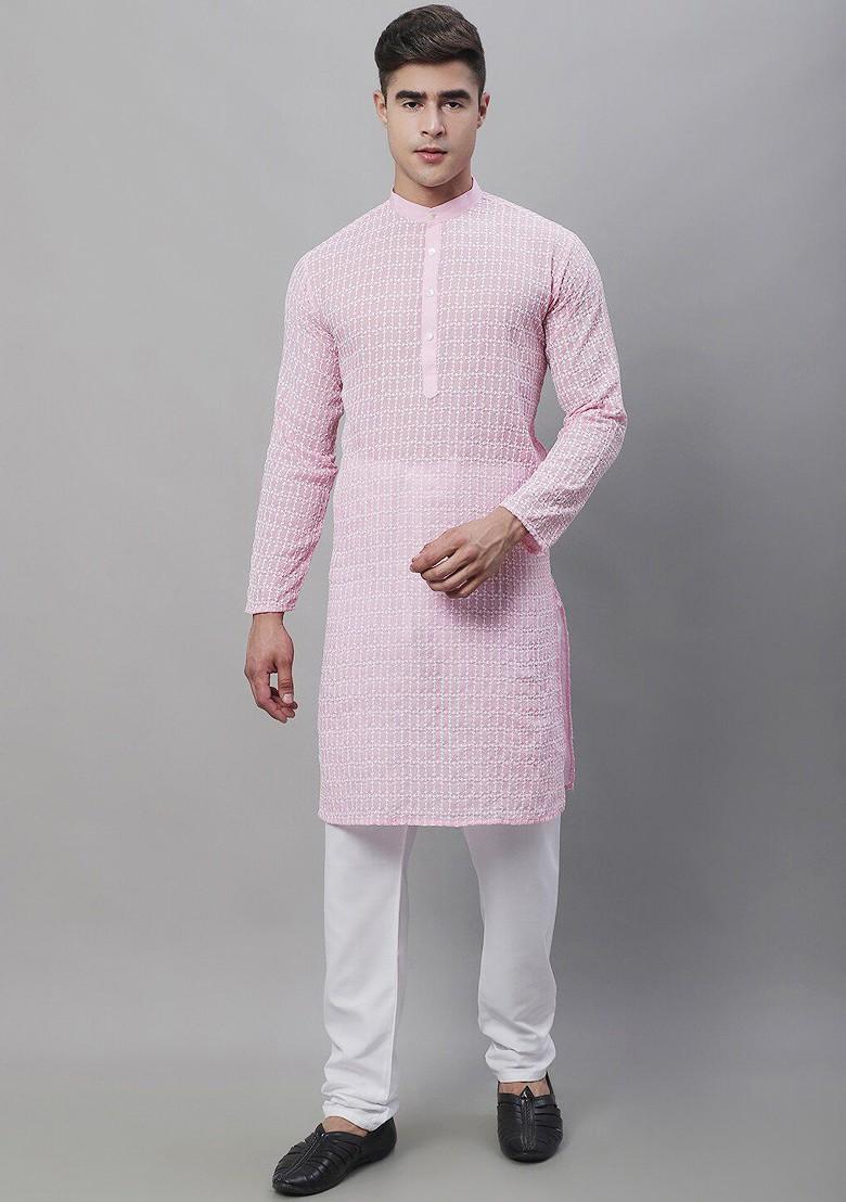 Pink Thread Work Cotton Kurta Set For Men