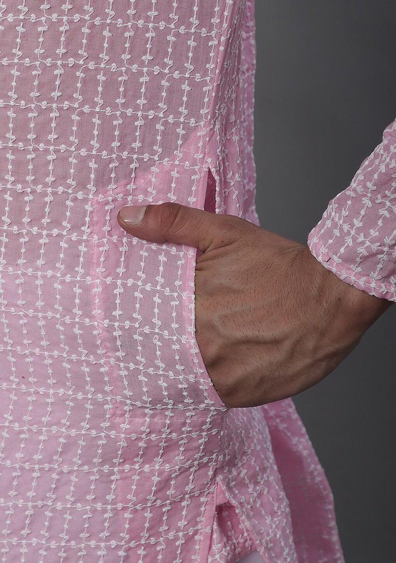 Pink Thread Work Cotton Kurta Set For Men