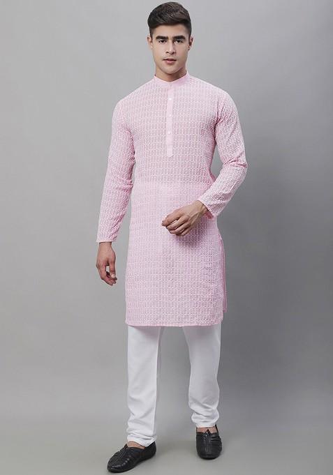 Pink Thread Work Cotton Kurta Set For Men