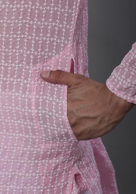 Pink Thread Work Cotton Kurta Set For Men