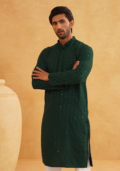 Green Embroidered Cotton Kurta Set For Men