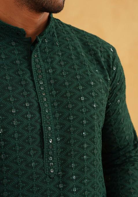 Green Embroidered Cotton Kurta Set For Men