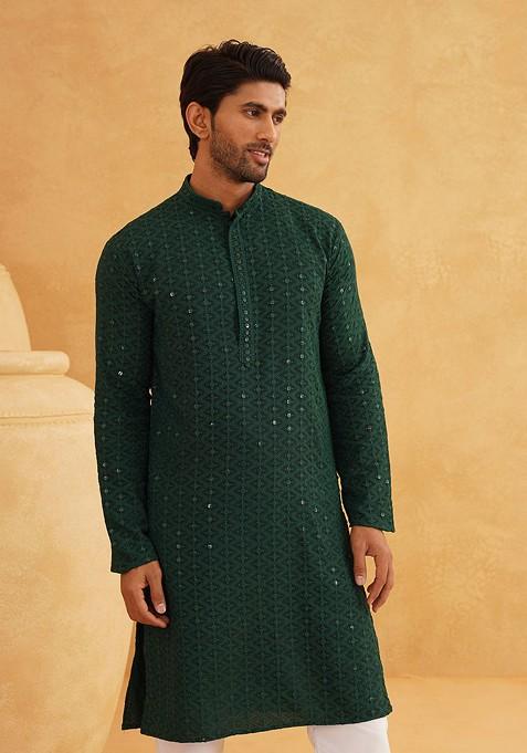 Green Embroidered Cotton Kurta Set For Men