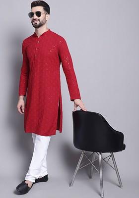 Maroon Embroidered Cotton Kurta Set For Men