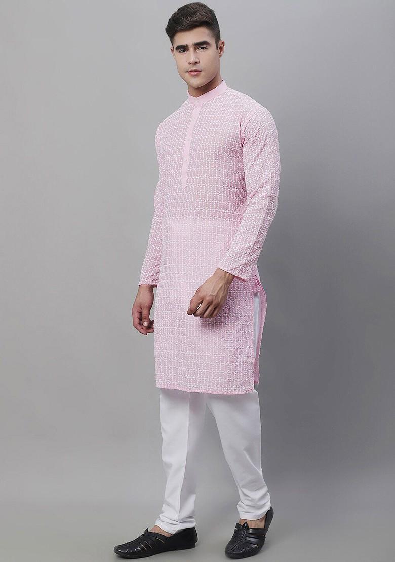 Pink Embroidered Cotton Kurta Set For Men