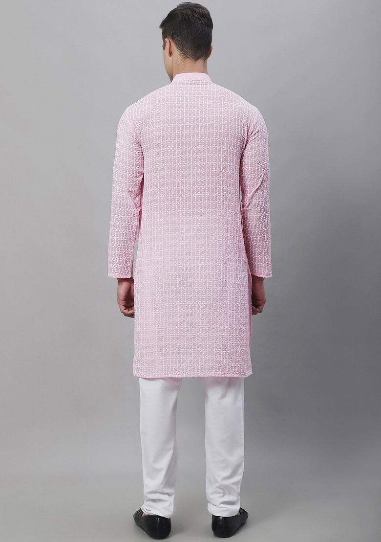 Pink Embroidered Cotton Kurta Set For Men