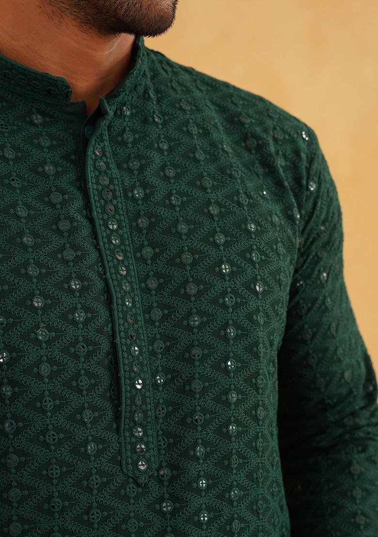 Green Embroidered Cotton Kurta Set For Men