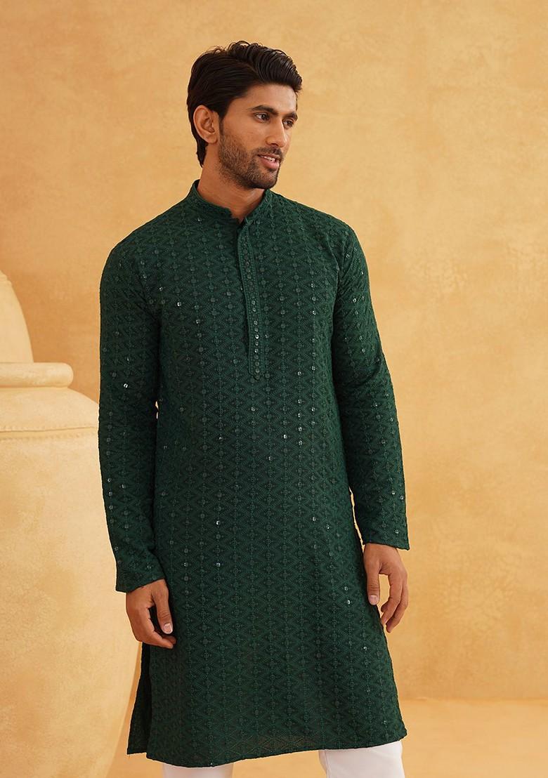 Green Embroidered Cotton Kurta Set For Men