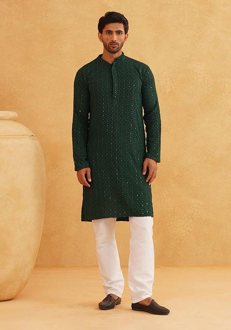Green Embroidered Cotton Kurta Set For Men
