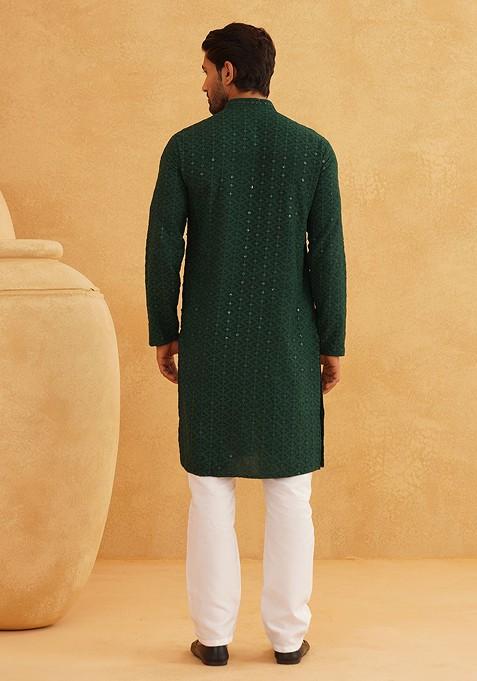 Green Embroidered Cotton Kurta Set For Men