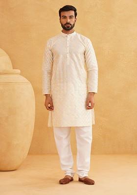 Cream Thread Work Cotton Kurta Set For Men