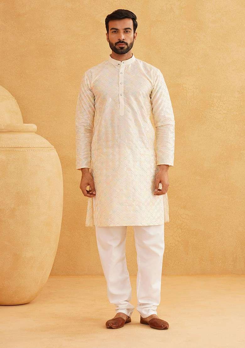 Cream Thread Work Cotton Kurta Set For Men - Indya