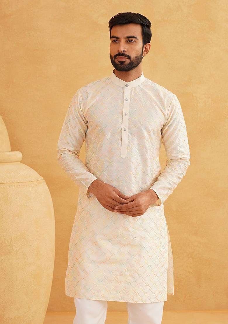 Cream Thread Work Cotton Kurta Set For Men - Indya