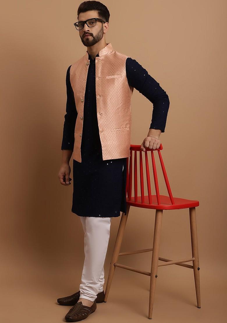 Navy Blue Embroidered Cotton Kurta Set For Men