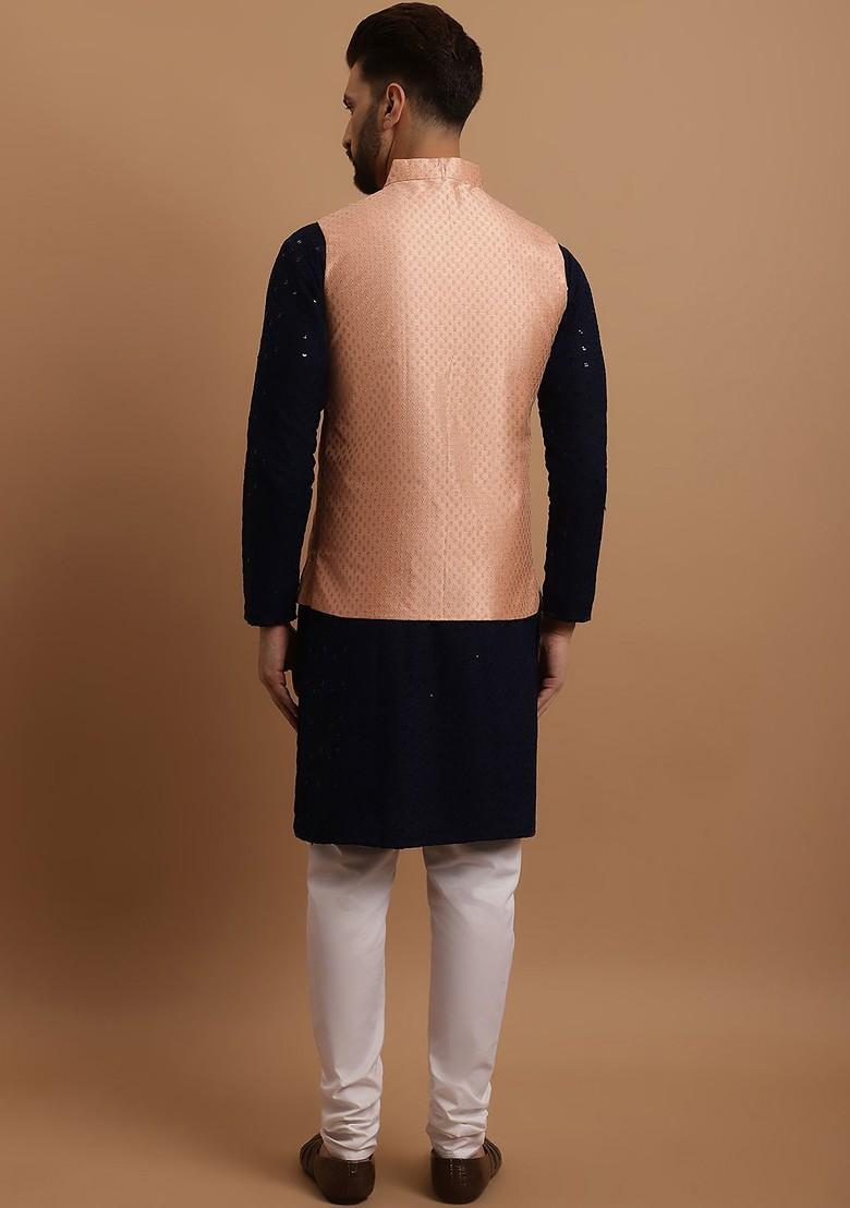Navy Blue Embroidered Cotton Kurta Set For Men