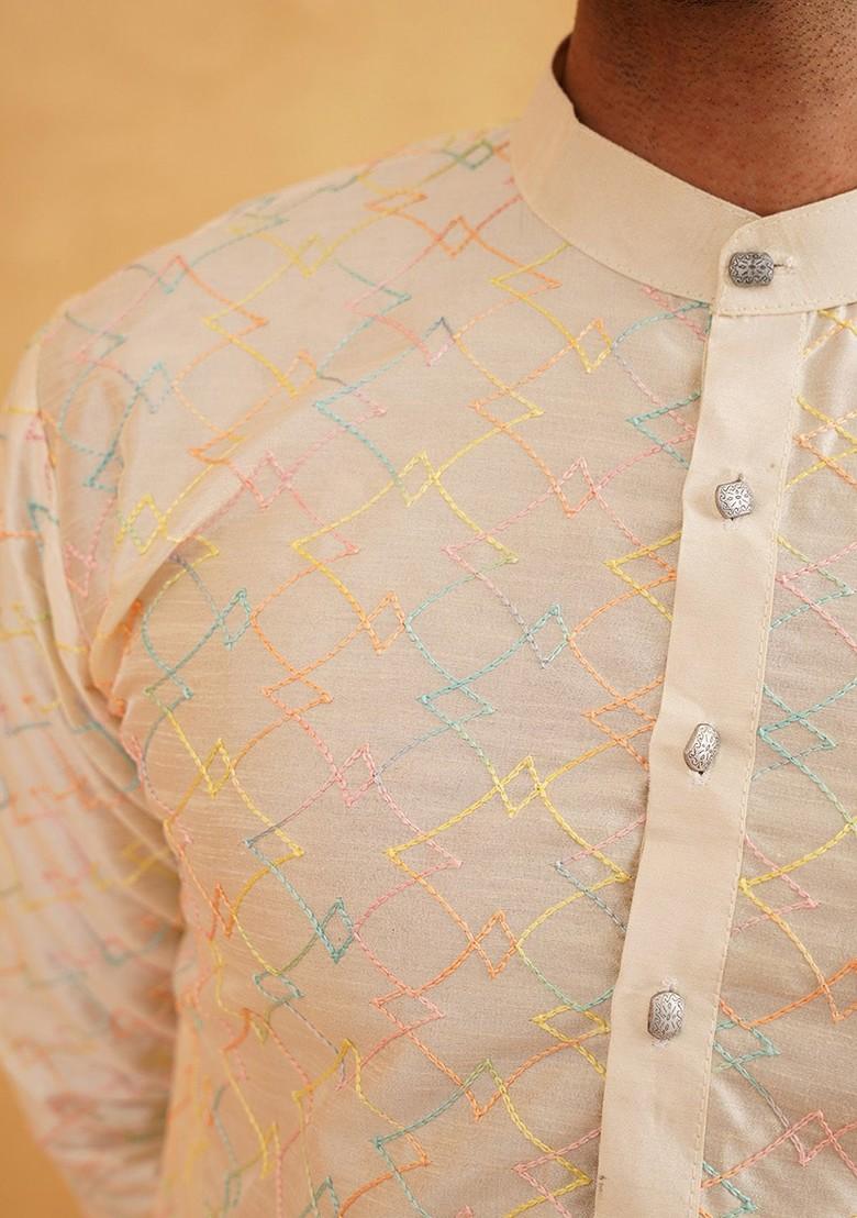 Cream Embroidered Poly Blend Kurta Set For Men