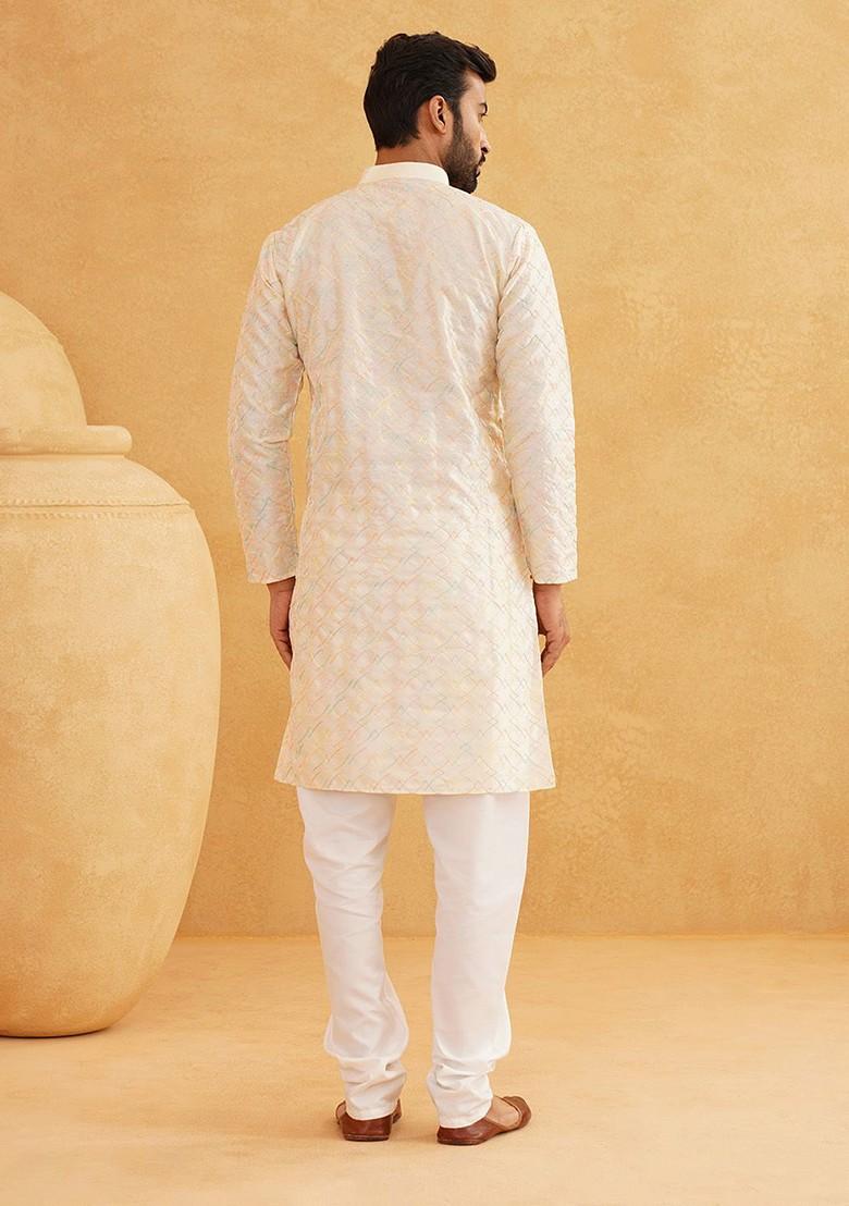 Cream Embroidered Poly Blend Kurta Set For Men