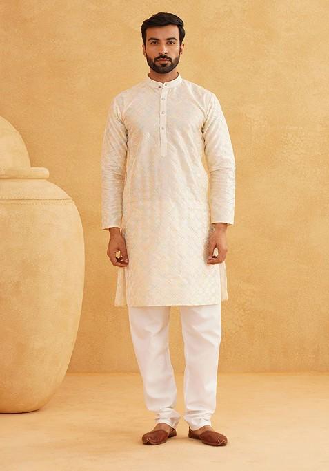 Cream Embroidered Poly Blend Kurta Set For Men
