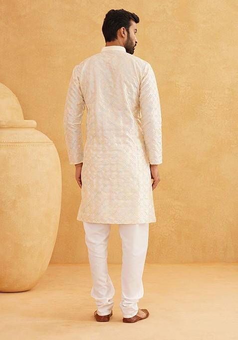 Cream Embroidered Poly Blend Kurta Set For Men