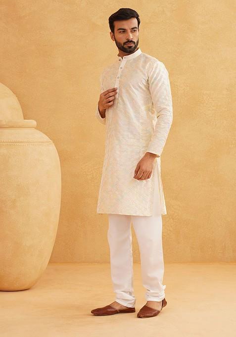 Cream Embroidered Poly Blend Kurta Set For Men