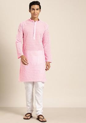 Pink Embroidered Poly Blend Kurta Set For Men