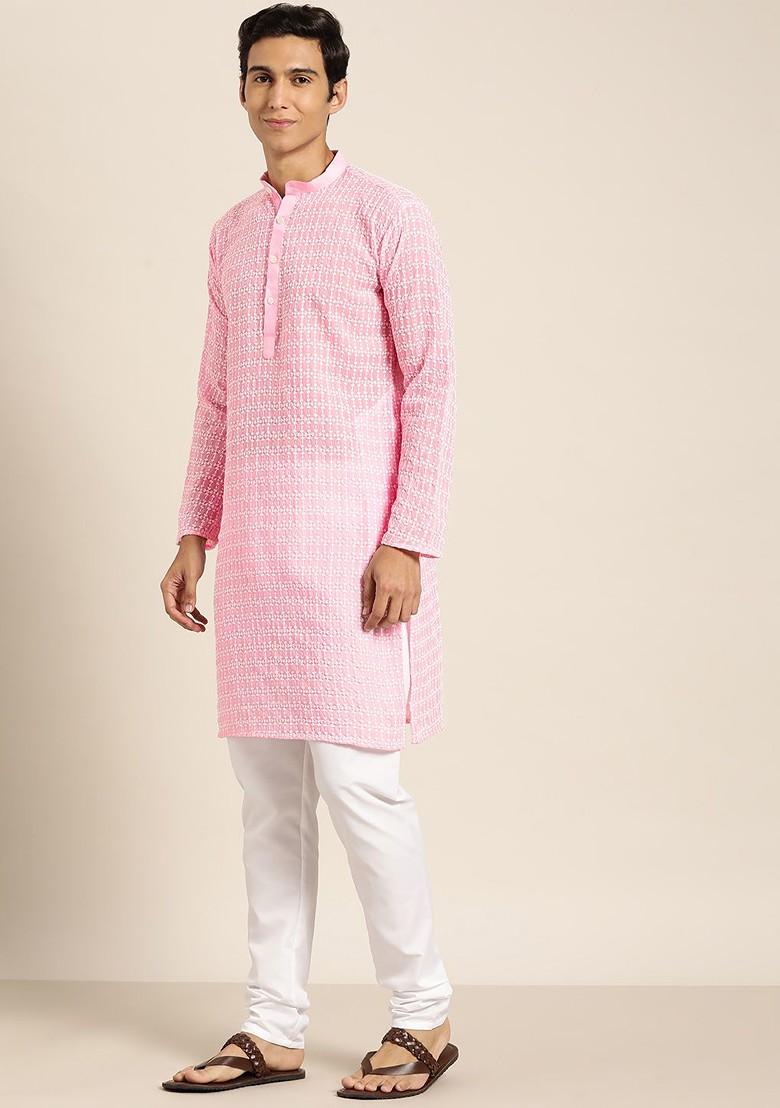 Pink Embroidered Poly Blend Kurta Set For Men