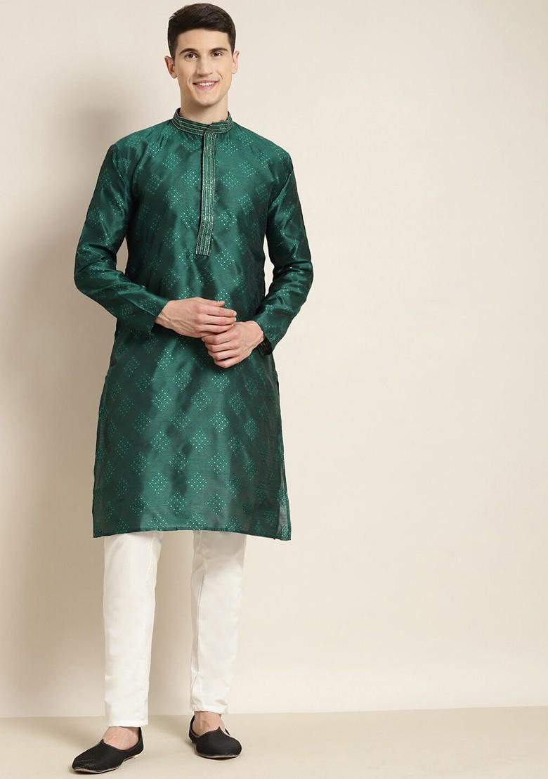 Green Woven Poly Blend Kurta Set For Men