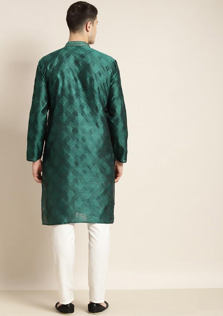 Green Woven Poly Blend Kurta Set For Men