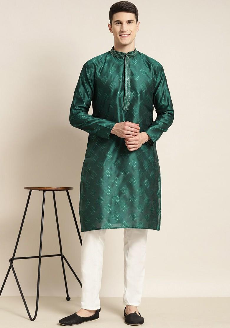 Green Woven Poly Blend Kurta Set For Men
