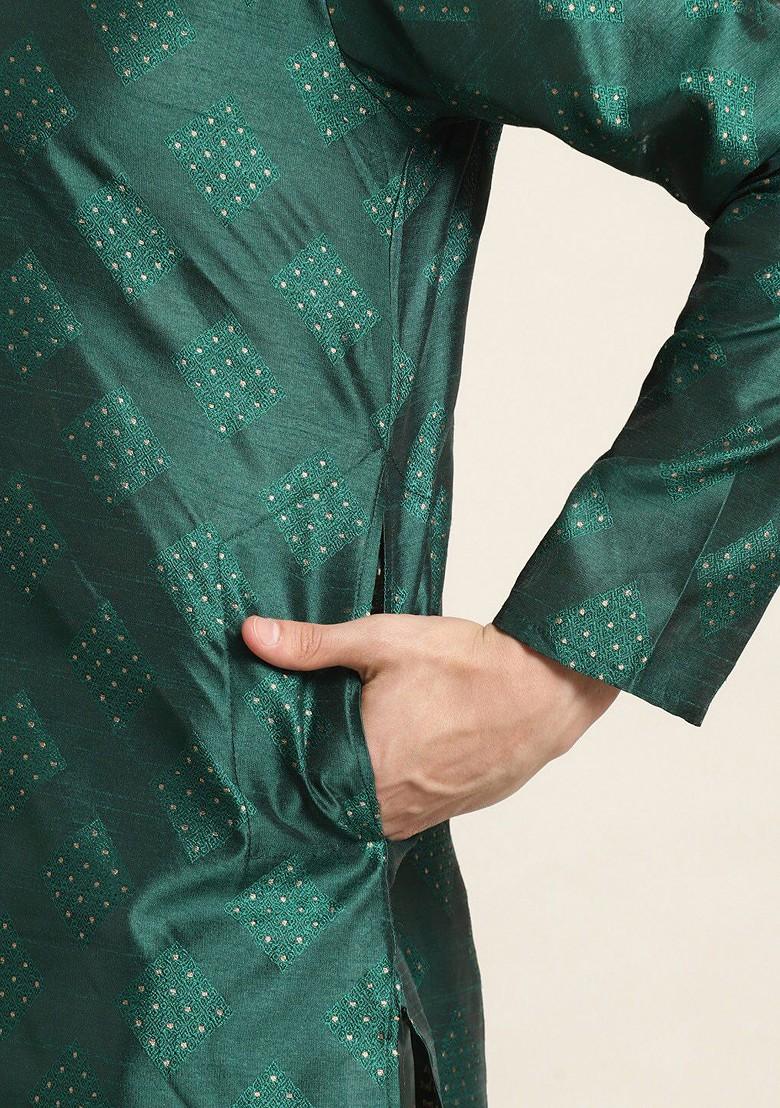 Green Woven Poly Blend Kurta Set For Men