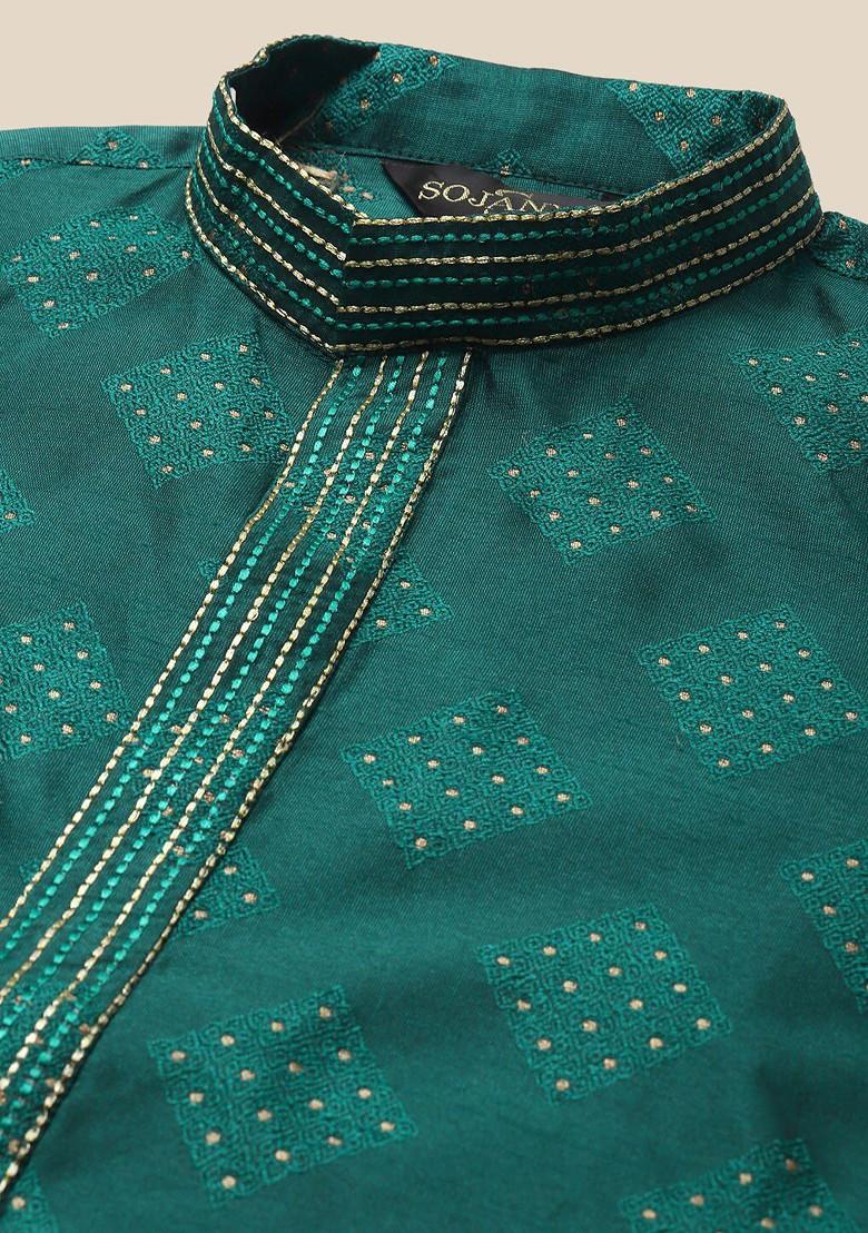 Green Woven Poly Blend Kurta Set For Men