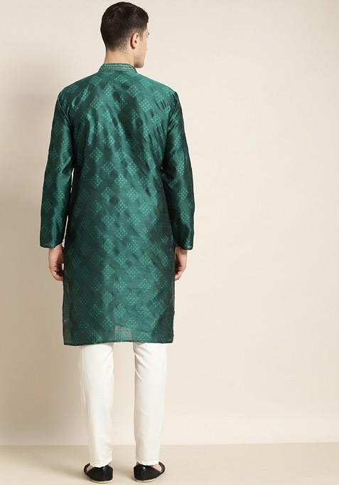 Green Woven Poly Blend Kurta Set For Men